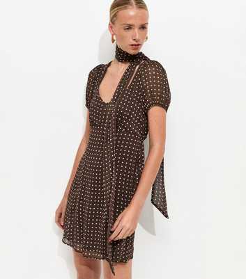Brown Chiffon Polka Dot Mini Dress with Scarf
