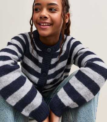 Girls Blue Knitted Horizontal Stripe Crew Neck Cardigan with Wool