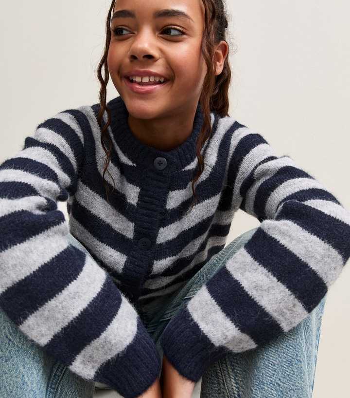 Girls Blue Knitted Horizontal Stripe Crew Neck Cardigan with Wool