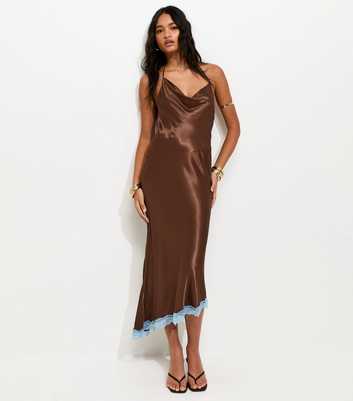Dark Brown Halterneck Lace Trim Asymmetric Midi Dress