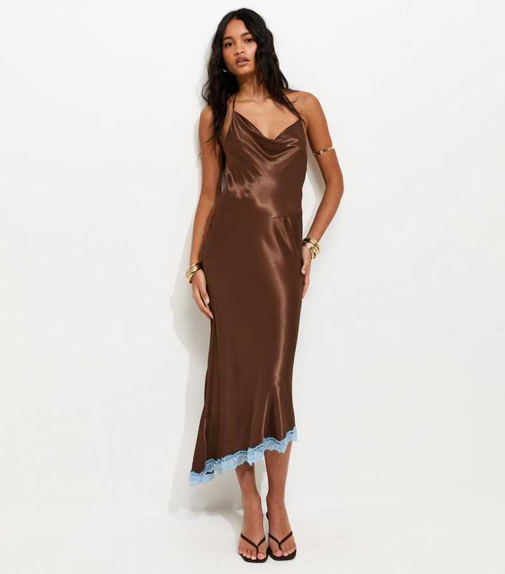 Dark Brown Halterneck Lace Trim Asymmetric Midi Dress