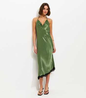 Dark Khaki Halterneck Lace Trim Asymmetric Midi Dress