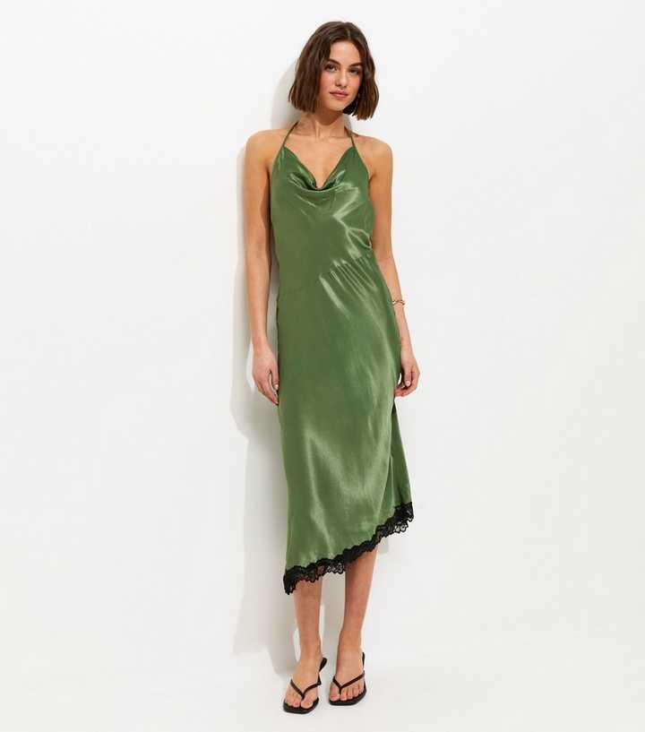 Dark Khaki Halterneck Lace Trim Asymmetric Midi Dress