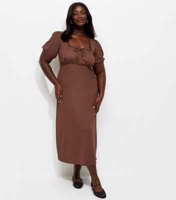 Curves Dark Brown Crinkle Texture Milkmaid Midi Dress