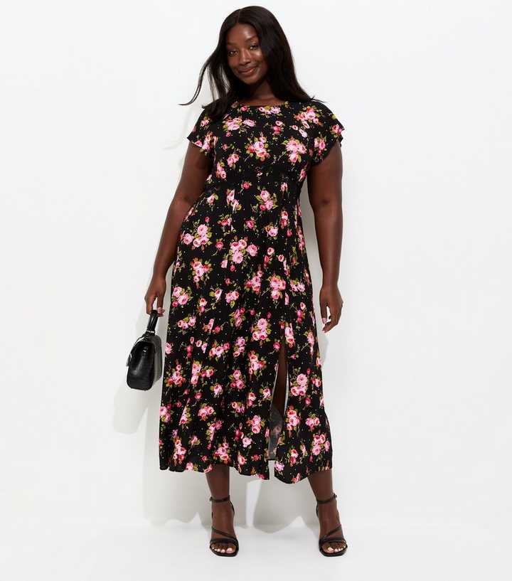 Curves Black Floral Print Lace Trim Midi Dress