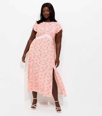 Curves Pink Floral Print Lace Trim Midi Dress