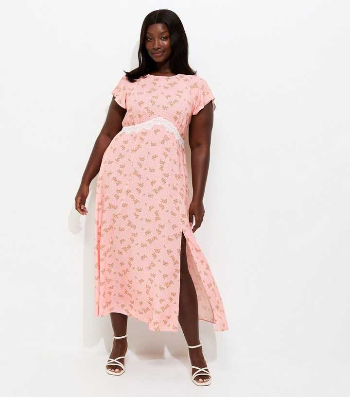 Curves Pink Floral Print Lace Trim Midi Dress