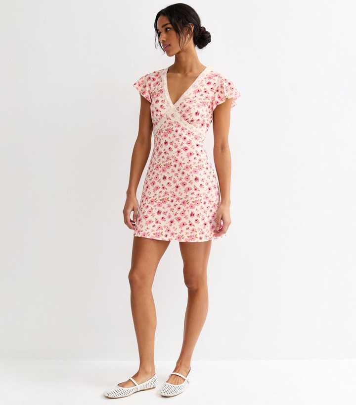 Pink Floral Lace Trim Mini Dress | New Look