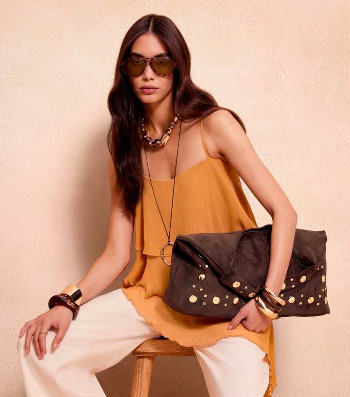 Dark Brown Faux Suede Studded Hobo Bag