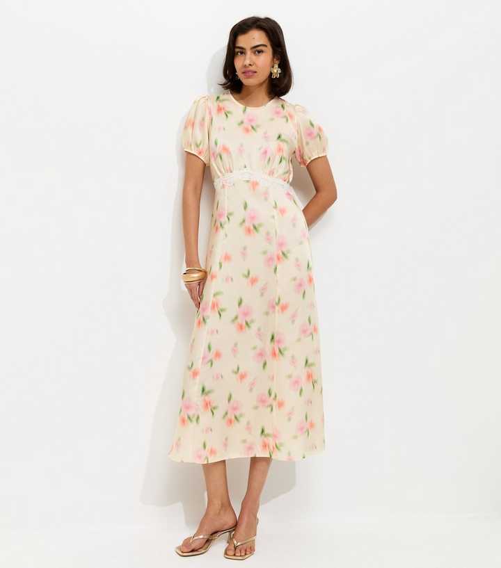 Cream Blurred Floral Print Midi Dress