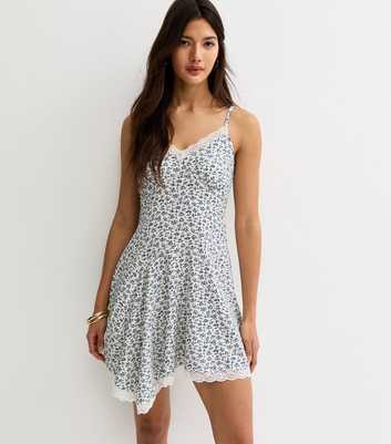 White and Blue Mini Florals Lace Trim Mini Dress
