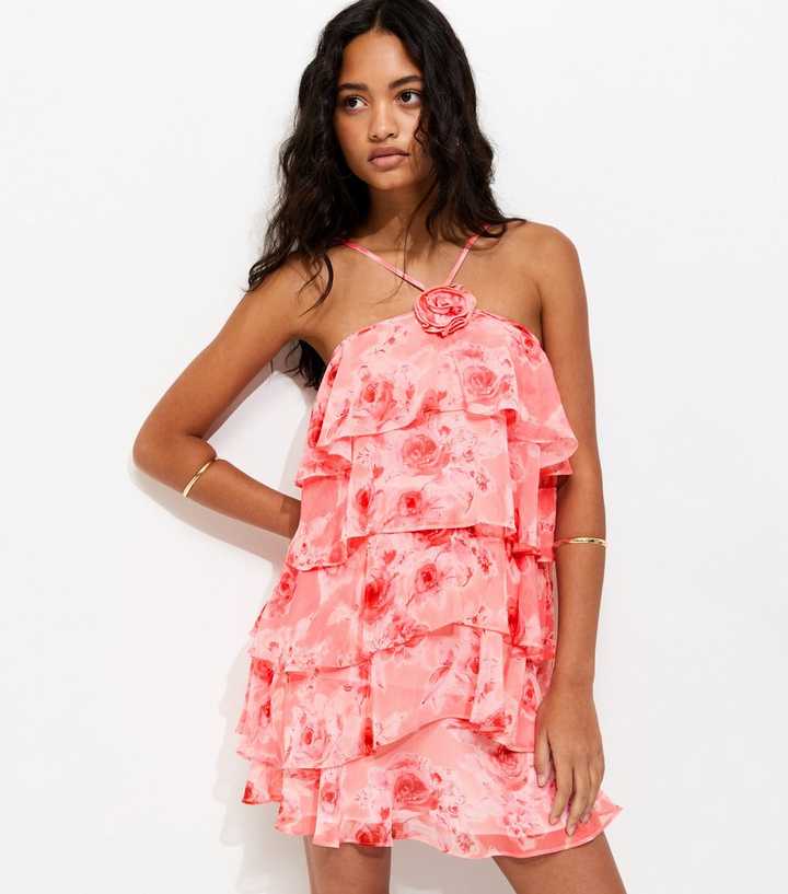 Pink Rose Print Ruffle Halterneck Mini Dress