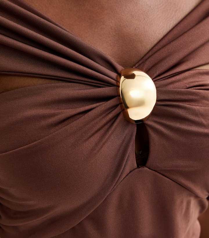 Brown Off The Shoulder Embellishment Detail Midi Dress | New Look