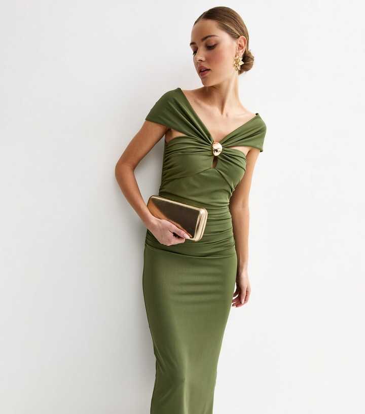 Khaki Off The Shoulder Embellishment Detail Midi Dress