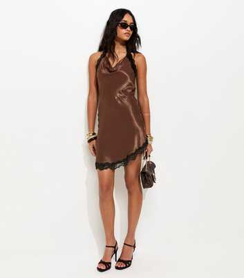 Dark Brown Halter Lace Trim Asymmetric Mini Dress
