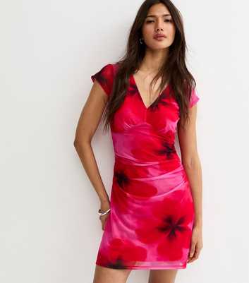 Red Large Floral Print V-Neck Mesh Mini Dress