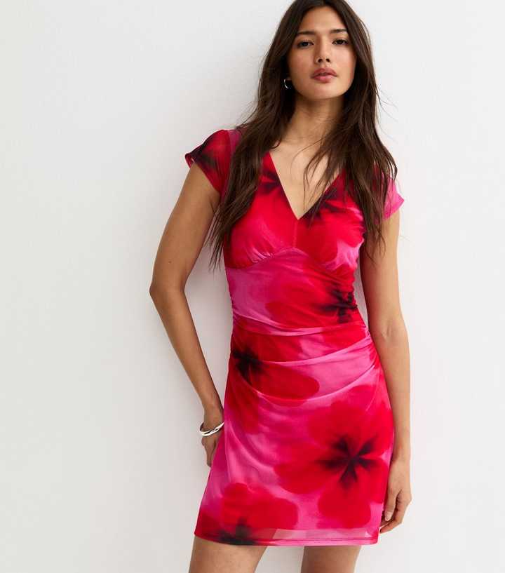 Red Large Floral Print V-Neck Mesh Mini Dress