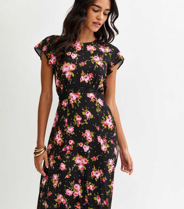 Black Floral Lace Waist Midi Dress