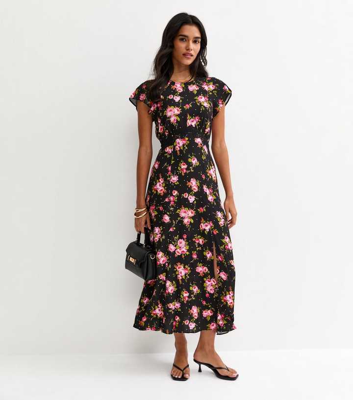 Black Floral Lace Waist Midi Dress | New Look
