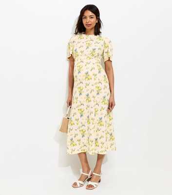 Maternity Yellow Floral Print Short Sleeve Midi Dress