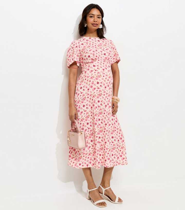 Maternity Pink Floral Print Short Sleeve Midi Dress
