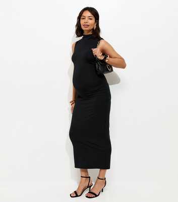 Maternity Black High Neck Midi Dress