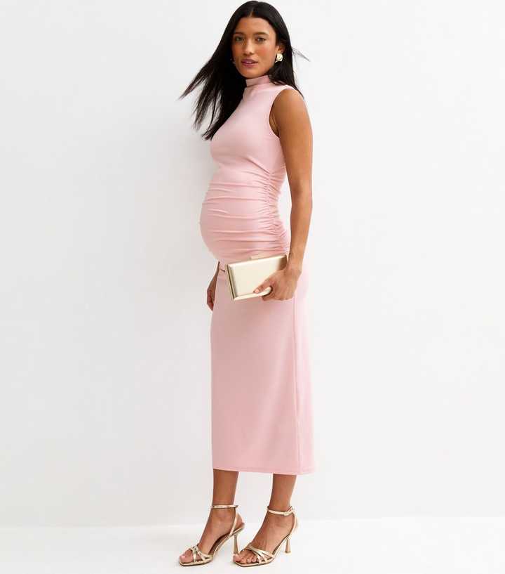 Maternity Pale Pink High Neck Midi Dress