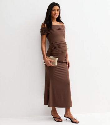 Maternity Dark Brown Off Shoulder Midi Dress | New Look Maternity Dark Brown Off Shoulder Midi Dress | New Look