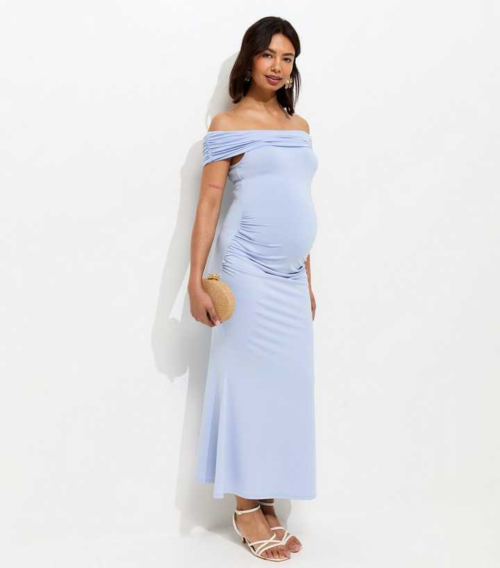 Maternity Light Blue Off Shoulder Midi Dress