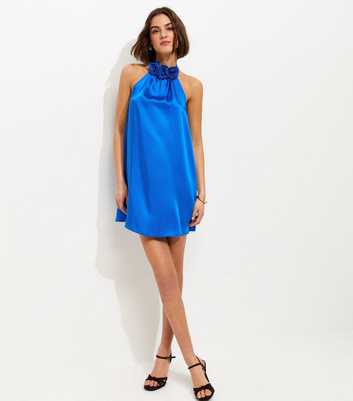 Blue Rose Neck Halter Mini Dress