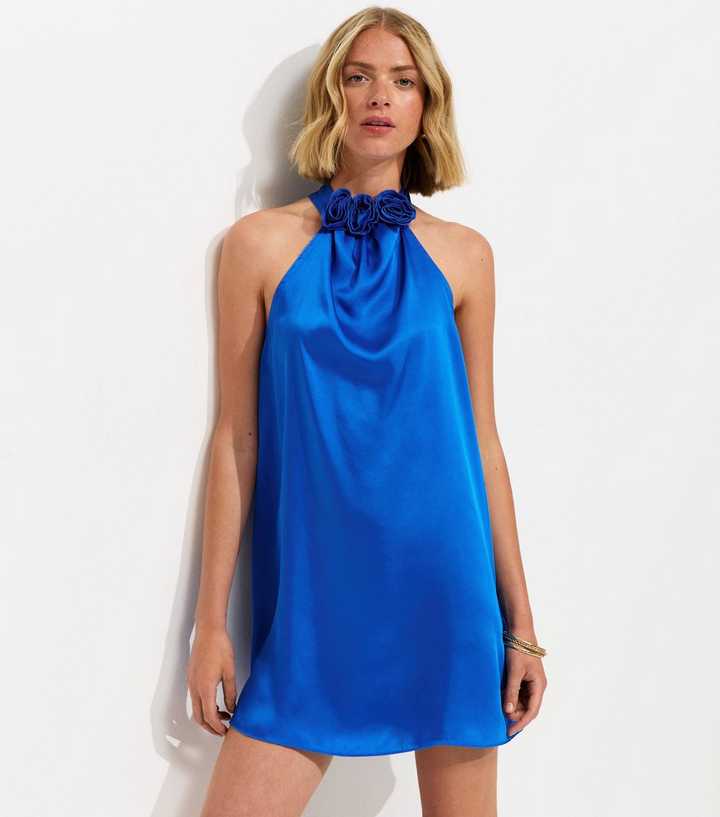 Blue Rose Neck Halter Mini Dress