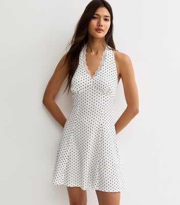 Cream Spot Print Lace Trim Halter Neck Mini Dress