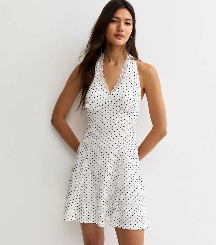 Cream Spot Print Lace Trim Halter Neck Mini Dress