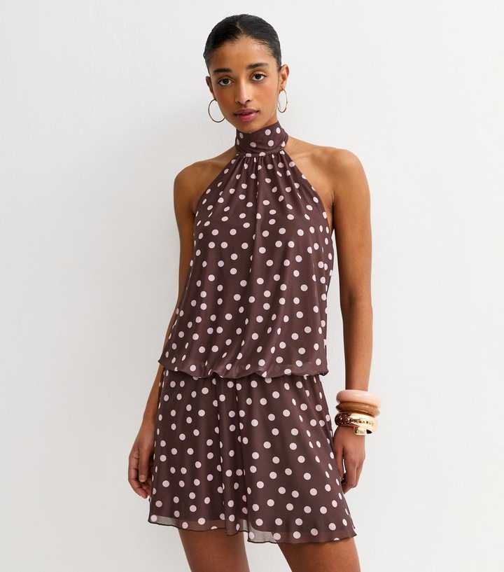 Brown Polka Dot Scarf Trim Halter Neck Mini Dress | New Look