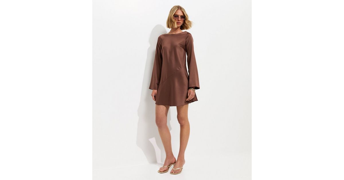 Dark Brown Satin Flared Sleeve Cowl Back Mini Dress | New Look
