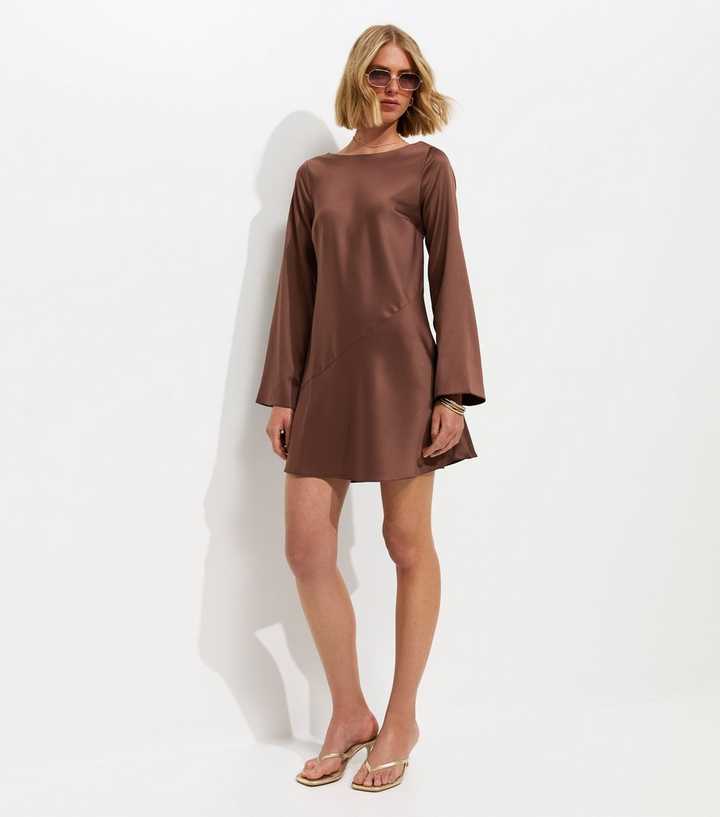 Dark Brown Satin Flared Sleeve Cowl Back Mini Dress