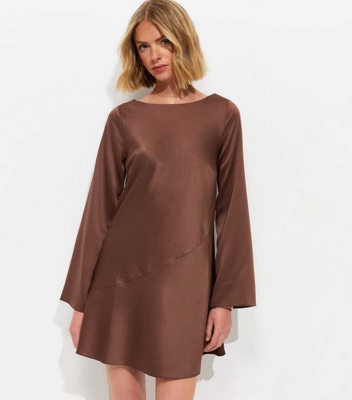 brown satin long sleeve mini dress Brown Long Sleeve Mini Dress Deep V Ruched A-Line Dress – ZINNTRA main image 0