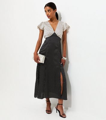 Black and White Satin Polka Dot Midi Dress | New Look Black and White Satin Polka Dot Midi Dress | New Look