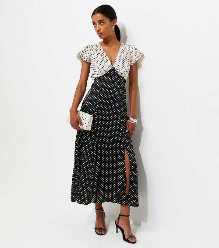 Black and White Satin Polka Dot Midi Dress