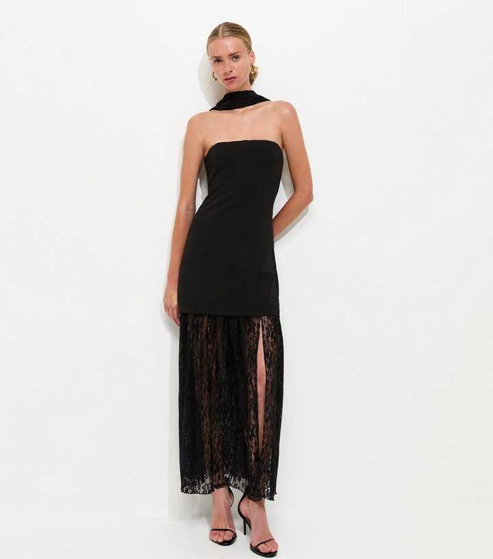 Black Lace Bandeau Midi Dress with Scarf | New Look Black Lace Bandeau Midi Dress with Scarf | New Look