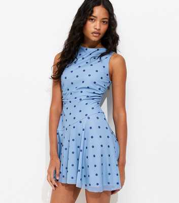 Blue Mesh Polka Dot Skater Mini Dress