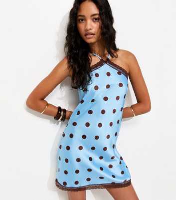 Light Blue Polka Dot Halter Lace Trim Satin Mini Dress