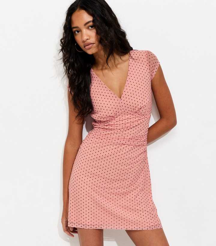 Pink Spotty Mesh Cap Sleeve Mini Dress