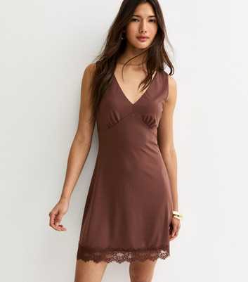 Dark Brown Lace Trim Mini Dress