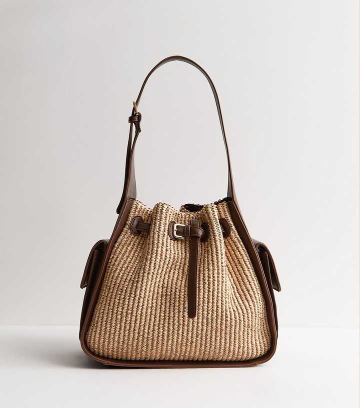 Brown Woven Belted Bucket Bag