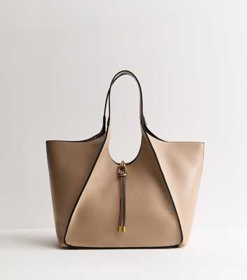 Mink Faux Leather Contrast Seam Tote Bag