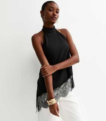 Black Halter Neck Longline Asymmetric Hem Top