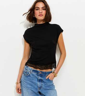 Black Lace Hem Grown On Sleeve T-Shirt
