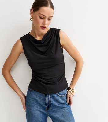 Black Slinky Jersey Draped Sleeveless Top