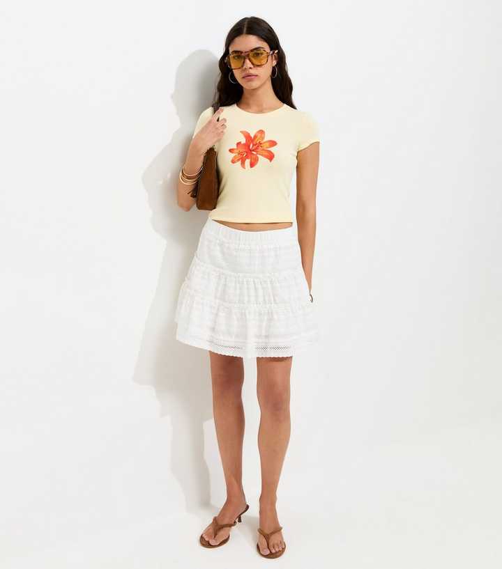 White Cotton Broderie Anglaise Tiered Mini Skirt